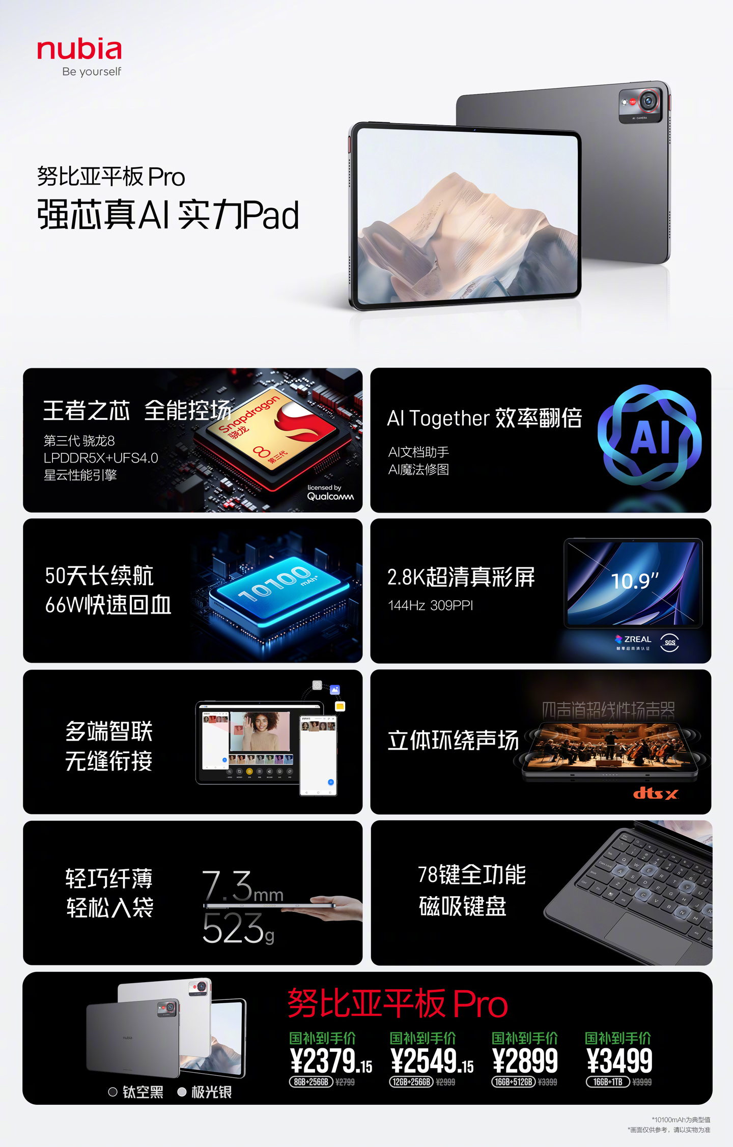 京东努比亚(nubia)平板 Pro骁龙 8 Gen3 处理器 | 10100mAh 电池2799 元起直达链接