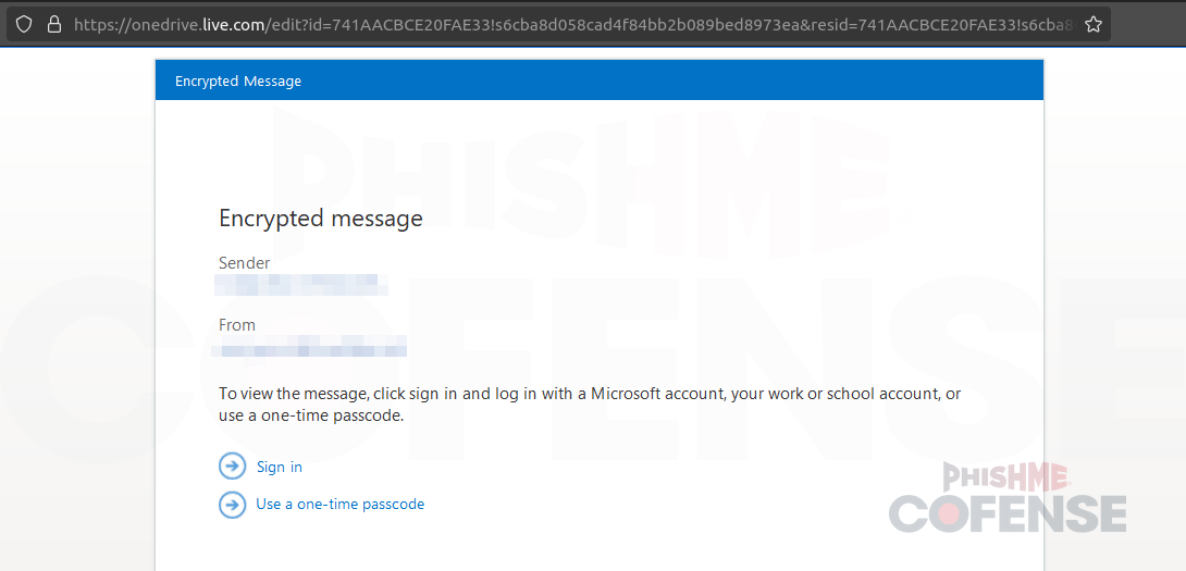 ▲ 重定向到钓鱼网站之前的中间网站是 onedrive [.] live [.] com