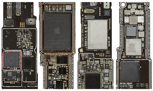 △iPhone 16e主板，红色方框内为苹果C1芯片